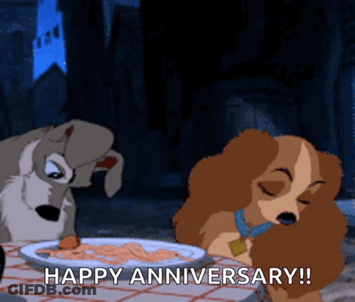 Lady And The Tramp Is Celebrating Their Anniversary With A Plate Of Spaghetti GIF
