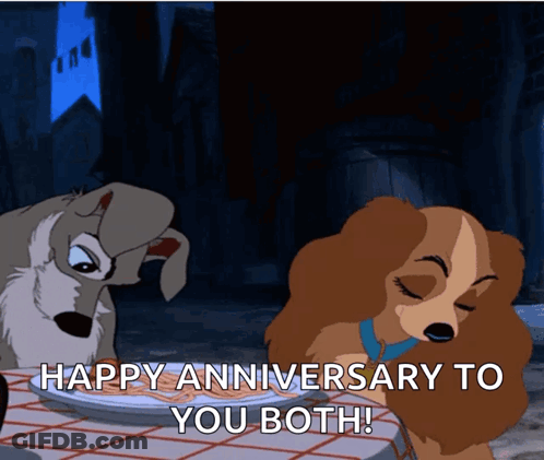 Lady And The Tramp Saying Happy Anniversary To You Both While Eating Spaghetti GIF