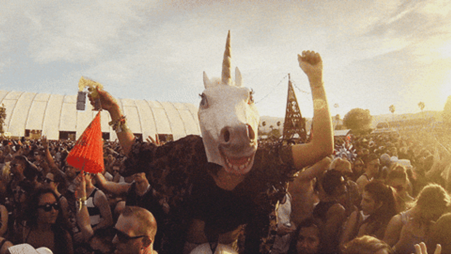 Lady At Unicorm Costume Enjoys Coachella GIF