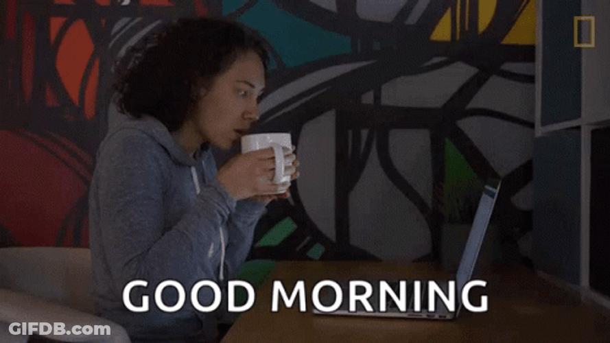 Lady Good Morning Work While Drinking Coffee GIF