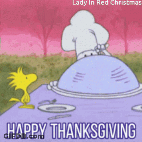 Lady In Red Christmas Wishes Happy Thanksgiving To Snoopy Woodstock And Turkey GIF