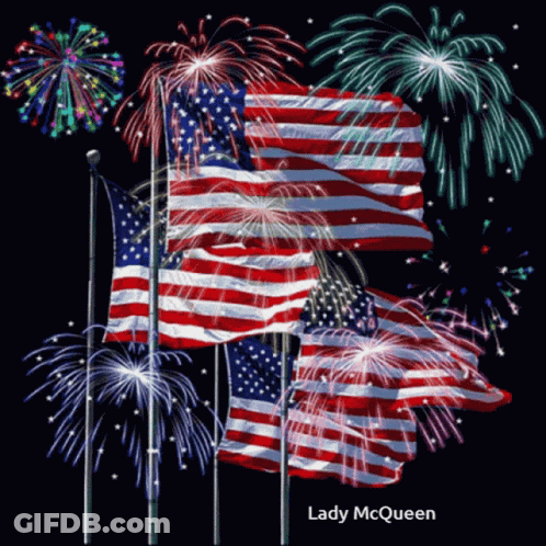 Lady McQueen Poster With American Flags And Fireworks GIF