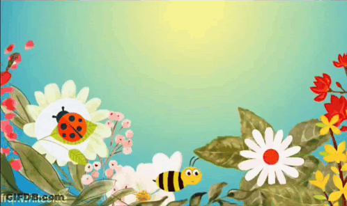Ladybug And Bee Surrounded By Flowers With Franwhiteside GIF