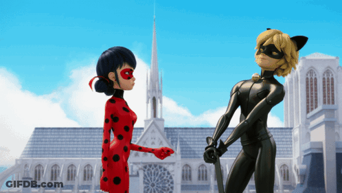 Ladybug And Cat Noir Are Standing In Front Of A Cathedral GIF