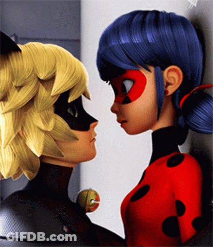 Ladybug And Cat Noir From Miraculous Ladybug Are Looking At Each Other While Leaning Against A Wall . GIF