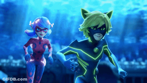 Ladybug And Cat Noir From Miraculous Ladybug Are Running Together GIF