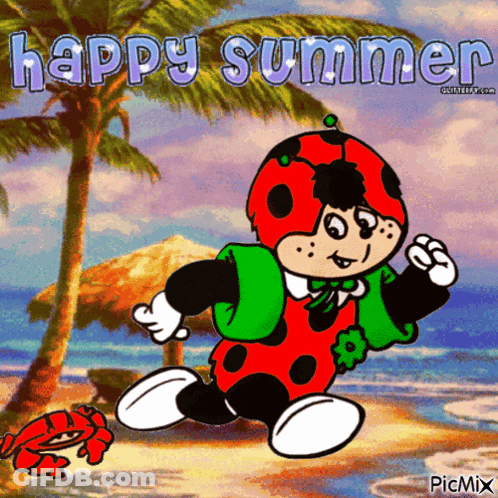 Ladybug On Beach Saying Happy Summer GIF