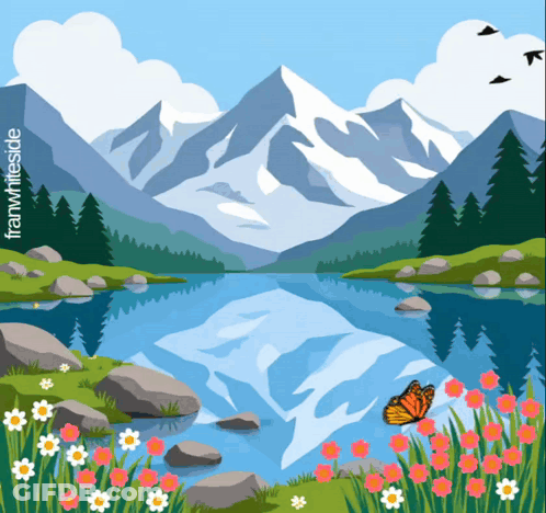 Lake With Mountains And Flowers GIF