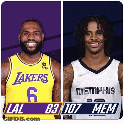 Lakers And Memphis Basketball Players Standing Next To Each Other GIF