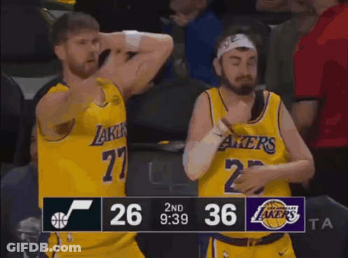 Lakers Basketball Players Next To Scoreboard GIF