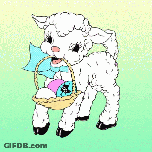 Lamb Holding Easter Basket With Eggs And Black Cat GIF