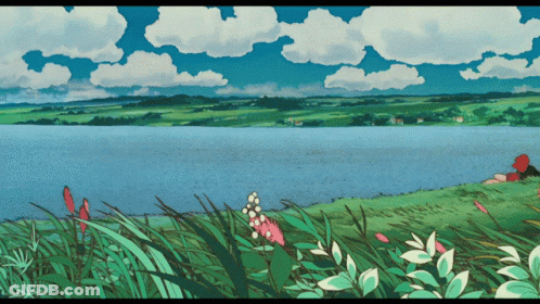 Landscape Painting With Lake And Flowers GIF