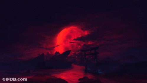 Landscape With Red Moon Behind Torii Gate GIF