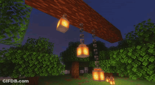Lanterns Hanging From Wooden Pole In Minecraft GIF