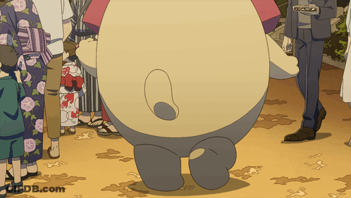 Large Belly Cartoon Character In Front Of Group GIF