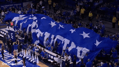 Large Blue And White Kentucky Flag On Basketball Court GIF