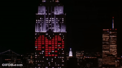 Large Building With Heart Display GIF