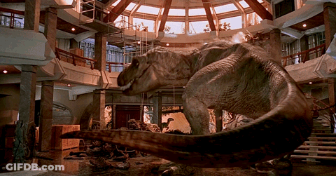 Large Dinosaur In Dome Ceiling Building GIF