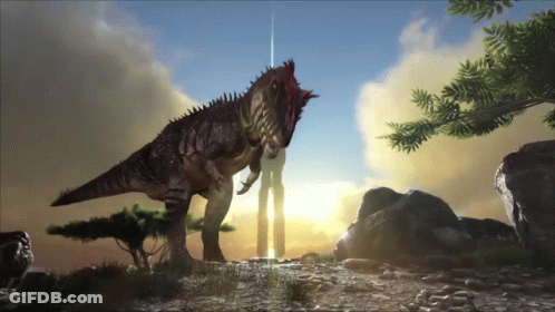 Large Dinosaur Standing In Field With Trees GIF