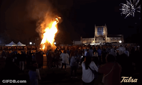 Large Fire In Front Of Building With Tulsa Sign GIF