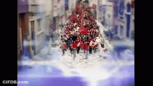 Large Group Walking Down Street Holding Flags GIF