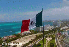 Large Mexican Flag Waving Over City GIF