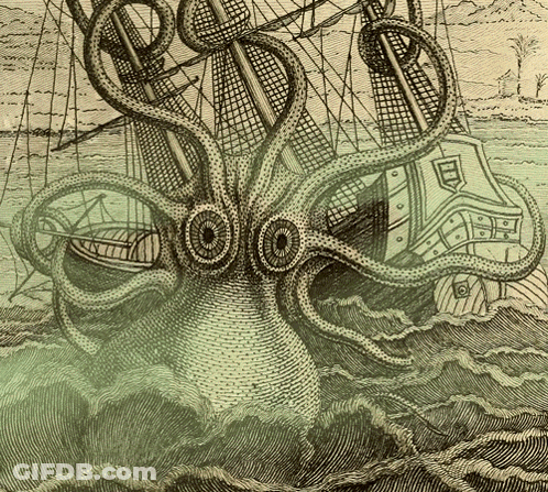 Large Octopus Attacking Ship GIF