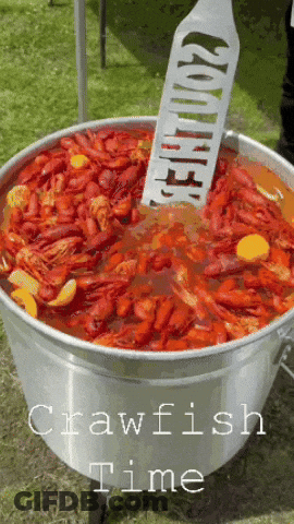 Large Pot Of Crawfish With Spatula Saying Crawfish GIF