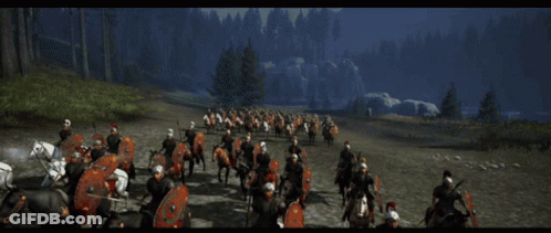 Large Soldiers Riding Horses With Shields GIF