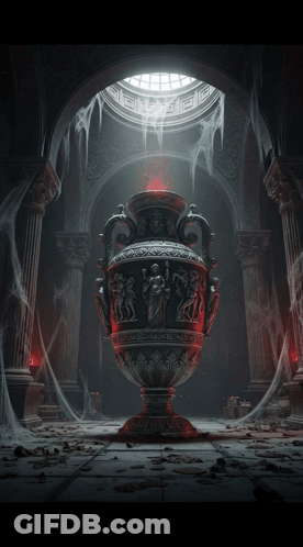 Large Vase Dark Room Columns Spider Webs GIF