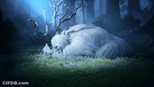 Large White Animal With Antlers Laying In Grass GIF