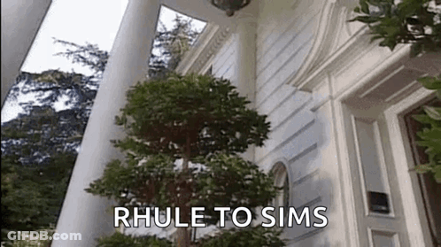 Large White House With Tree Saying Rhule To Sims GIF