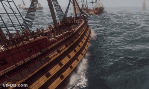 Large Wooden Ship Floating In Ocean GIF