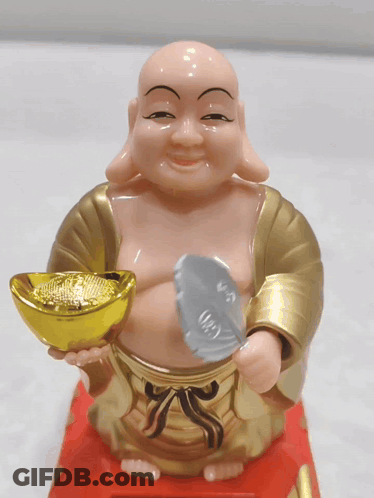 Laughing Buddha Holding Fan And Gold Bar GIF