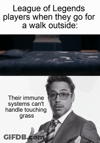 League Of Legends Players When They Go For A Walk Outside : Their Immune Systems Can 'T Handle Touching Grass GIF