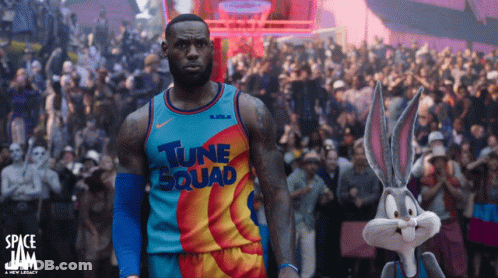 LeBron James In Tune Squad Jersey Next To Bugs Bunny GIF