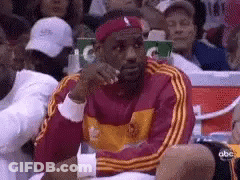 Lebron James Is Sitting In The Stands At A Basketball Game Wearing A Headband And A Red Jacket . GIF