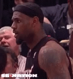 Lebron James Is Sitting In The Stands Watching A Basketball Game And Talking To A Referee . GIF