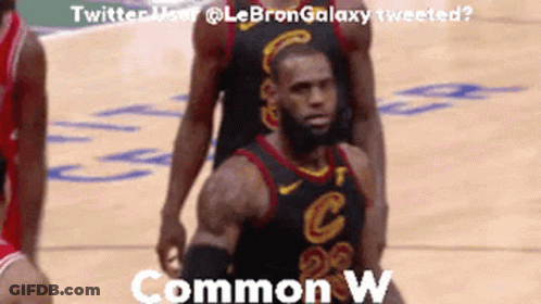 Lebron James Is Standing On A Basketball Court With A Caption That Says " Common W " GIF