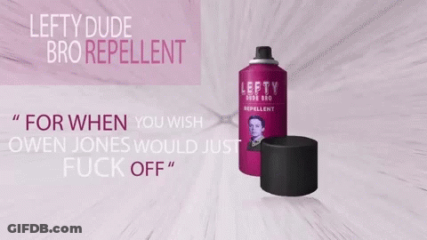 Lefty Dude Bro Repellent Bottle With Owen Jones Label GIF