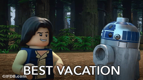 Lego Character Next To Robot Saying Best Vacation GIF
