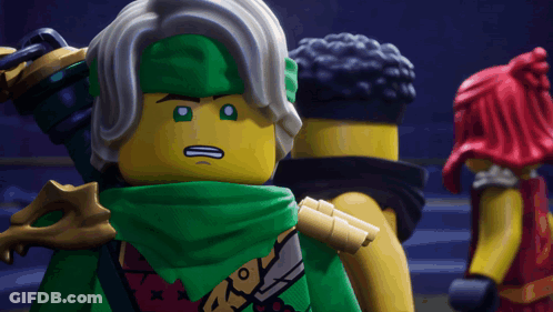 Lego Character With Green Scarf And Sword GIF