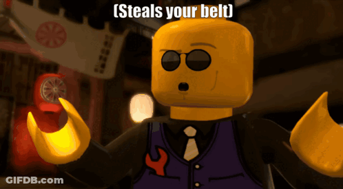 Lego Character With Sunglasses And Purple Vest Steals Your Belt GIF