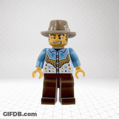 Lego Cowboy In Blue Shirt And Brown Hat GIF