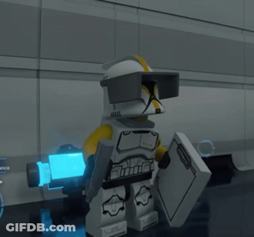 Lego Figure Holding Sword In Front Of Blue Container Saying Resistance GIF