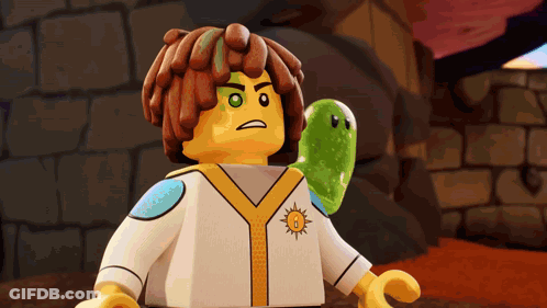 Lego Figure With Green Frog On Shoulder GIF