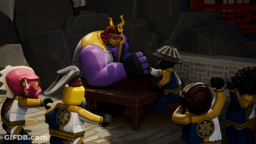 Lego Figures Around Table With Purple Samurai GIF