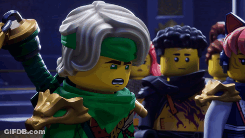 Lego Figures Standing Together One Holding Sword GIF