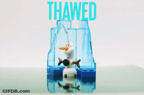 Lego Man Pushing Wheelbarrow With Mop Saying Thawed GIF
