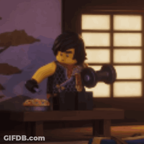 Lego Ninjago Character Next To Food And Knife GIF